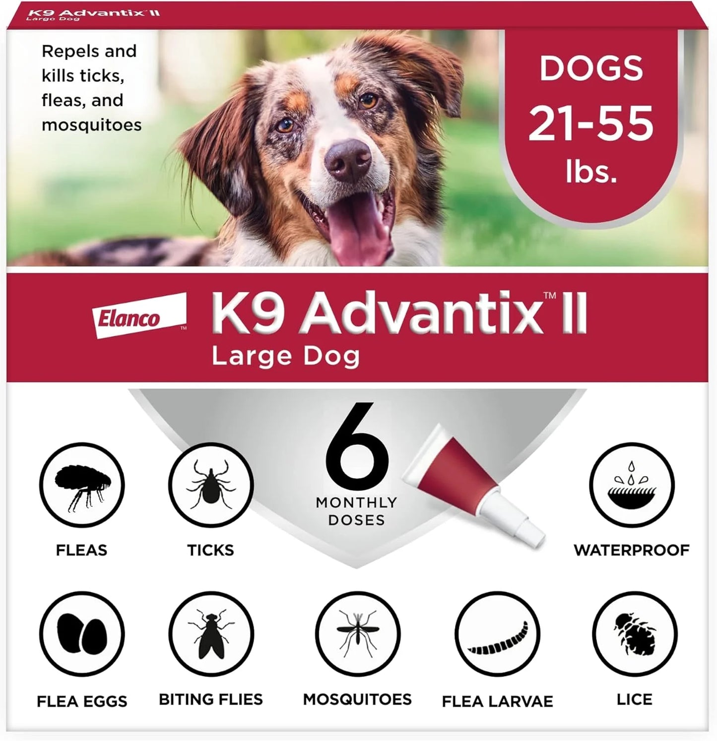 K9 Advantix II Large Dog Flea, Tick & Mosquito Treatment โ Vet Recommended | Dogs 21-55 lbs | 6-Month Supply