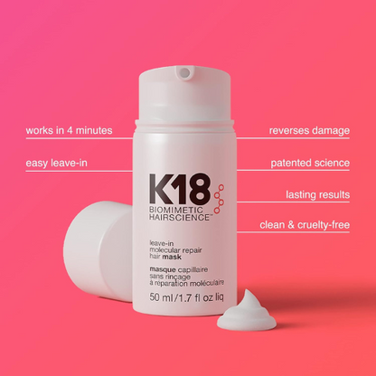 K18 Leave-In Molecular Hair Mask – Repairs Bleached, Colored & Heat-Damaged Hair – 50ml (1.7 oz)